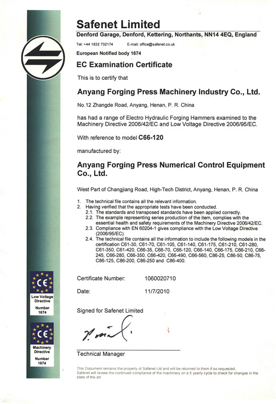 CE Certificate of Electro hydraulic forging hammer
